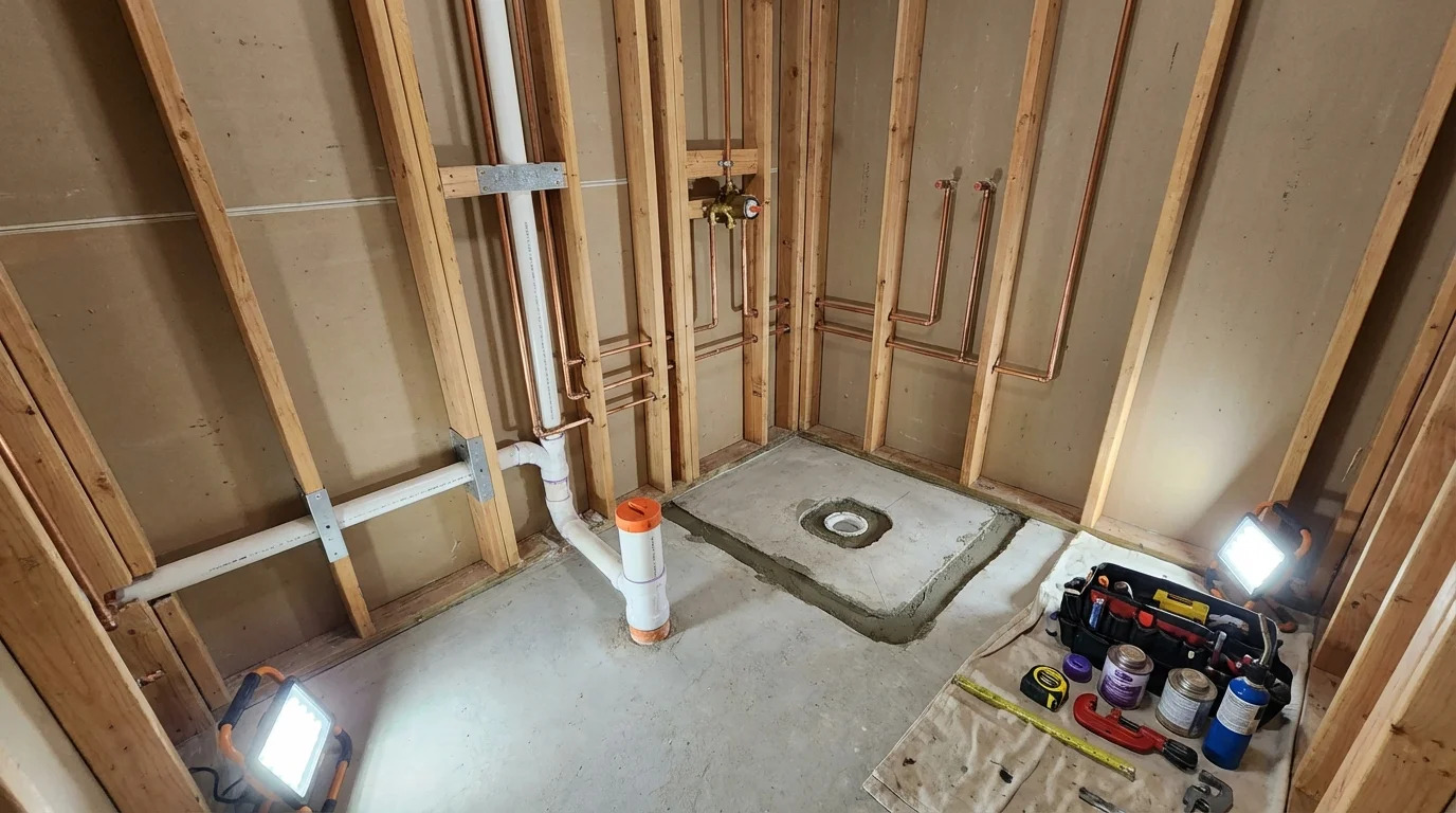 Bathroom rough-in plumbing during remodel by Johns Plumbing LLC in Big Sandy