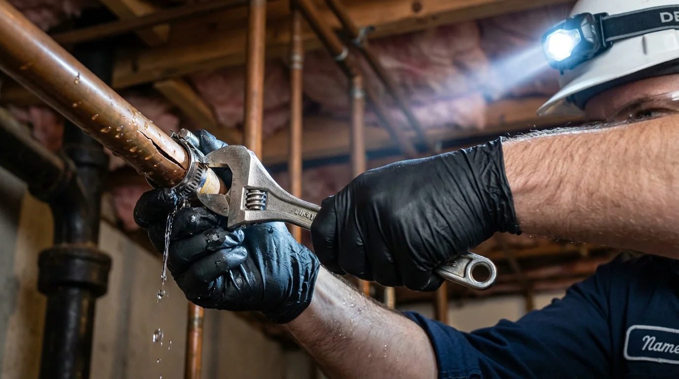 Emergency pipe clamp repair being performed by a Johns Plumbing LLC plumber in Big Sandy