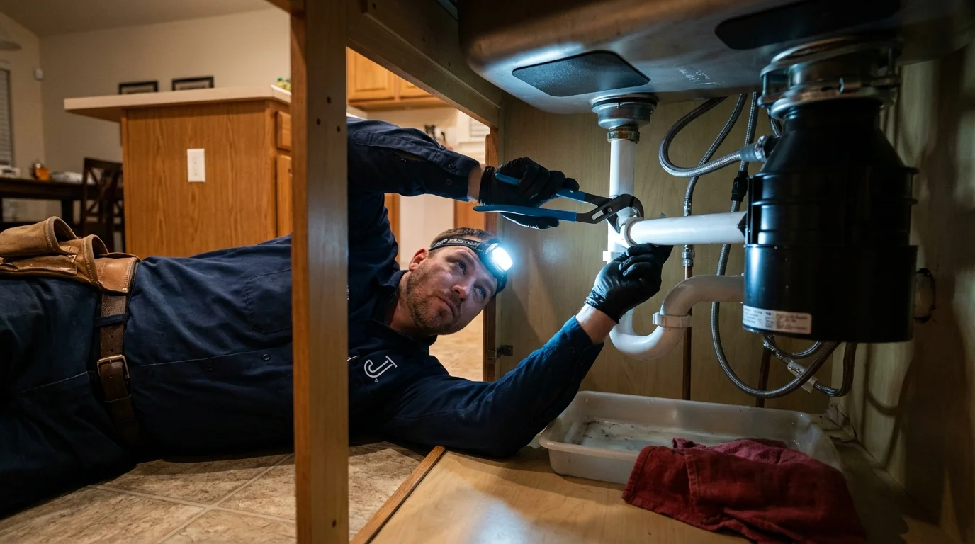 P-trap and supply line connections under a kitchen sink showing a common leak point in Big Sandy, TX